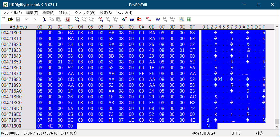 PC ゲーム AI War: Fleet Command で日本語を表示する方法、PC ゲーム AI War: Fleet Command 日本語フォント追加方法、AI War: Fleet Command の font_raw ファイルをバイナリエディタ（FavBinEdit）を使ってフォントデータ追加・書き換え、font_raw ファイルに追加したい ttf フォントファイル（今回は UD デジタル教科書体 NK-B）を用意してバイナリディタで開く、ttf フォントファイルのサイズとバイナリデータを font_raw ファイルに追加・書き換え