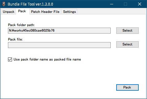 PC ゲーム Payday: The Heist 日本語化とゲームプレイ最適化メモ、PC ゲーム Payday: The Heist 日本語化手順、Bundle File Tool ver1.2.0.0 アンパック作業、Bundle File Tool ver1.2.0.0 Pack タブにある Pack folder path で、Unpack/Repack Folder に展開されている 5ec080cae6025b76 フォルダを指定、「Use pack folder name as packed file name」 にチェックマークがある状態で Pack ボタンをクリック