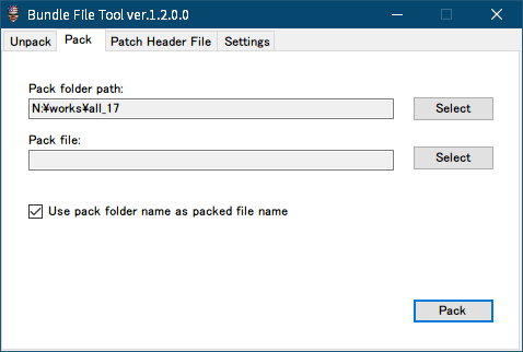 PC ゲーム Payday: The Heist 日本語化とゲームプレイ最適化メモ、PC ゲーム Payday: The Heist 日本語化手順、Bundle File Tool ver1.2.0.0 アンパック作業、Bundle File Tool ver1.2.0.0 Pack タブにある Pack folder path で、Unpack/Repack Folder に展開されている all_17 フォルダを指定、「Use pack folder name as packed file name」 にチェックマークがある状態で Pack ボタンをクリック