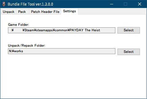 PC ゲーム Payday: The Heist 日本語化とゲームプレイ最適化メモ、PC ゲーム Payday: The Heist 日本語化手順、PAYDAY .bundle file tool ver.1.2（payday_tool_v1_2.zip）をダウンロードして展開・解凍、BundleFileTool.exe を起動して初期設定、Settings タブの Game Folder に Steam 版 Payday: The Heist インストール先フォルダを指定、Unpack/Repack Folder に作業用フォルダを用意して指定