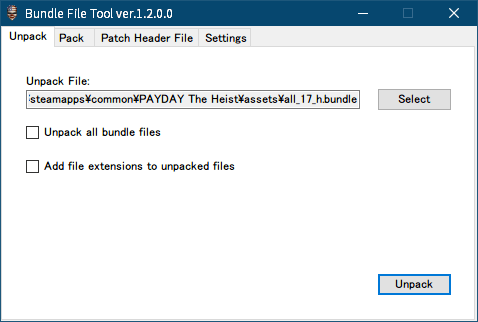 PC ゲーム Payday: The Heist 日本語化とゲームプレイ最適化メモ、PC ゲーム Payday: The Heist 日本語化手順、Bundle File Tool ver1.2.0.0 アンパック作業、Bundle File Tool ver1.2.0.0 Unpack タブでゲームインストール先フォルダ assets フォルダにある all_17_h.bundle ファイルを指定して Unpack ボタンをクリック