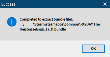 PC ゲーム Payday: The Heist 日本語化とゲームプレイ最適化メモ、PC ゲーム Payday: The Heist 日本語化手順、Bundle File Tool ver1.2.0.0 アンパック作業、Bundle File Tool ver1.2.0.0 Unpack タブでゲームインストール先フォルダ assets フォルダにある all_17_h.bundle ファイルを指定して Unpack ボタンをクリック、アンパック成功メッセージ表示