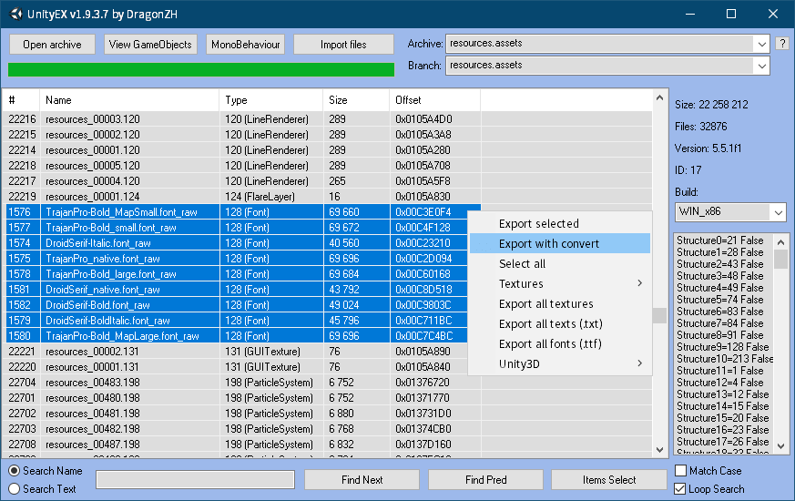 PC ゲーム Sunless Sea ＋ DLC Zubmariner 日本語化と日本語化ファイル解析メモ、PC ゲーム Sunless Sea ＋ DLC Zubmariner 日本語ファイル解析メモ、Sunless Sea ＋ DLC Zubmariner - UnityEX を使ったフォントファイルエクスポート・インポート、UnityEX v1.9.3.7 でゲームインストール先 Sunless Sea_Data フォルダにある resources.assets ファイルからType 128（Font）フォントファイル（～.font_raw）を右クリックから Export with convert でエクスポート