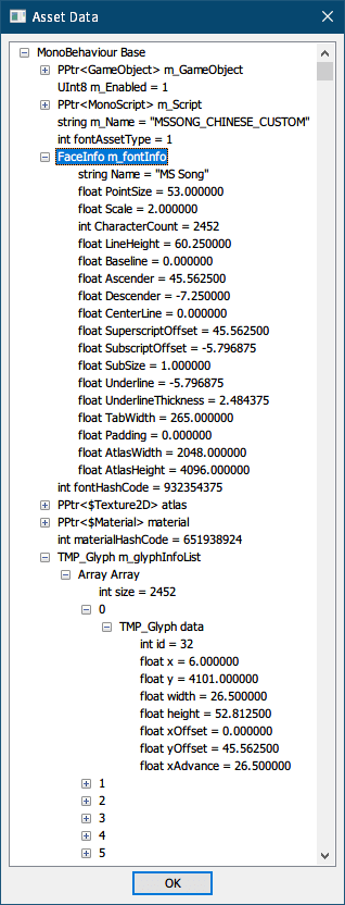 PC ゲーム Syberia 3 で日本語を表示する方法、PC ゲーム Syberia 3 中国語（繁体字）フォント解析、UABE（Unity Assets Bundle Extractor 2.2 stable d）で Syberia3_Data フォルダにある resources.assets ファイルを開き、Path ID 11128 の MonoBehaviour MSSONG_CHINSE_CUSTOM を選択して View Data をクリック、Asset View 画面メッセージで 「はい」 を選択、Open the Assembly file 画面で 「キャンセル」 を選択、MonoBehaviour MSSONG_CHINSE_CUSTOM の Asset Data 内容、FaceInfo（m_fontInfo）と TMP_Glyph（m_glyphInfoList）の内容