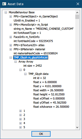 PC ゲーム Syberia 3 で日本語を表示する方法、PC ゲーム Syberia 3 中国語（繁体字）フォント解析、UABE（Unity Assets Bundle Extractor 2.2 stable d）で Syberia3_Data フォルダにある resources.assets ファイルを開き、Path ID 11128 の MonoBehaviour MSSONG_CHINSE_CUSTOM を選択して View Data をクリック、Asset View 画面メッセージで 「はい」 を選択、Open the Assembly file 画面で 「キャンセル」 を選択、MonoBehaviour MSSONG_CHINSE_CUSTOM の Asset Data 内容、TMP_Glyph（m_glyphInfoList）先頭データの内容