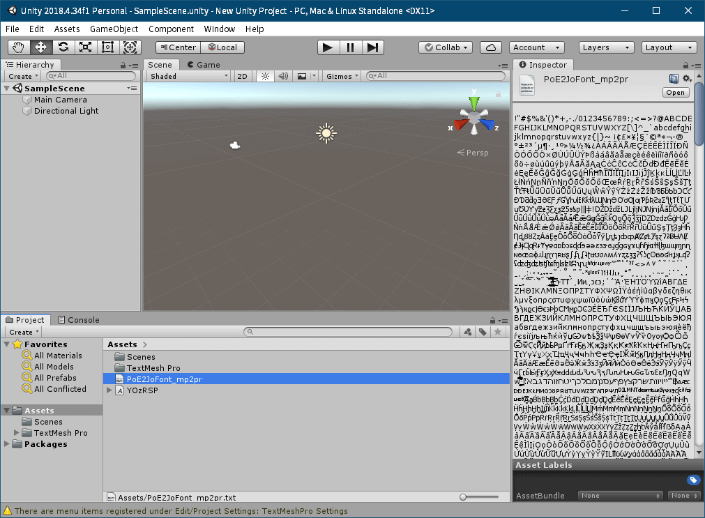PC ゲーム Syberia 3 で日本語を表示する方法、PC ゲーム Syberia 3 用 TextMesh Pro 日本語フォント作成方法、TextMesh Pro 1.2.2 日本語フォント作成、Unity 2018.4.34.f1 のメインメニューから Assets → Import New Asset... をクリック、文字一覧リスト PoE2JoFont_mp2pr.txt ファイルをインポート