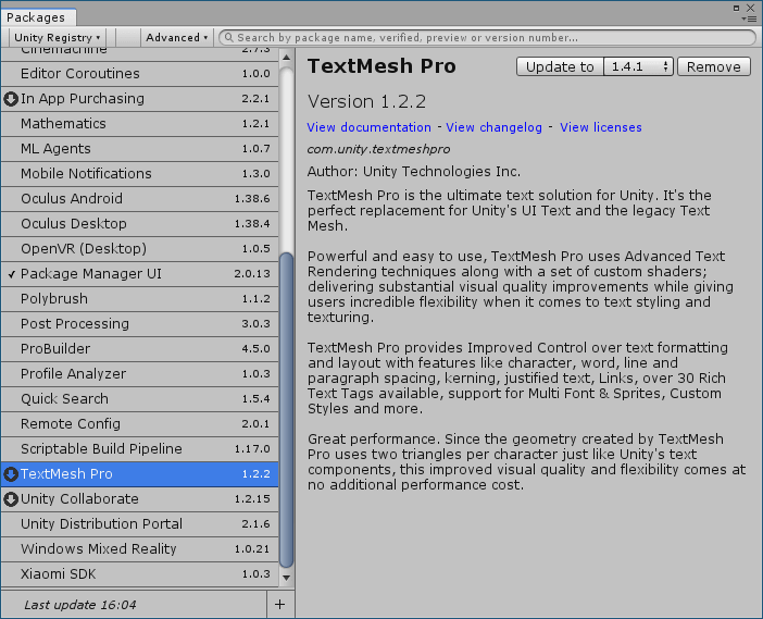 PC ゲーム Syberia 3 で日本語を表示する方法、PC ゲーム Syberia 3 用 TextMesh Pro 日本語フォント作成方法、TextMesh Pro 1.2.2 日本語フォント作成、Unity 2018.4.34.f1 のメインメニューから Window → Package Manager をクリック、TextMesh Pro Version 1.2.2 にバージョン変更