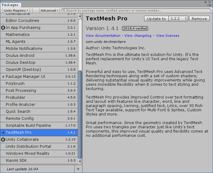 PC ゲーム Syberia 3 で日本語を表示する方法、PC ゲーム Syberia 3 用 TextMesh Pro 日本語フォント作成方法、TextMesh Pro 1.2.2 日本語フォント作成、Unity 2018.4.34.f1 のメインメニューから Window → Package Manager をクリック、TextMesh Pro Version 1.2.2 に変更して Update to ボタンをクリック