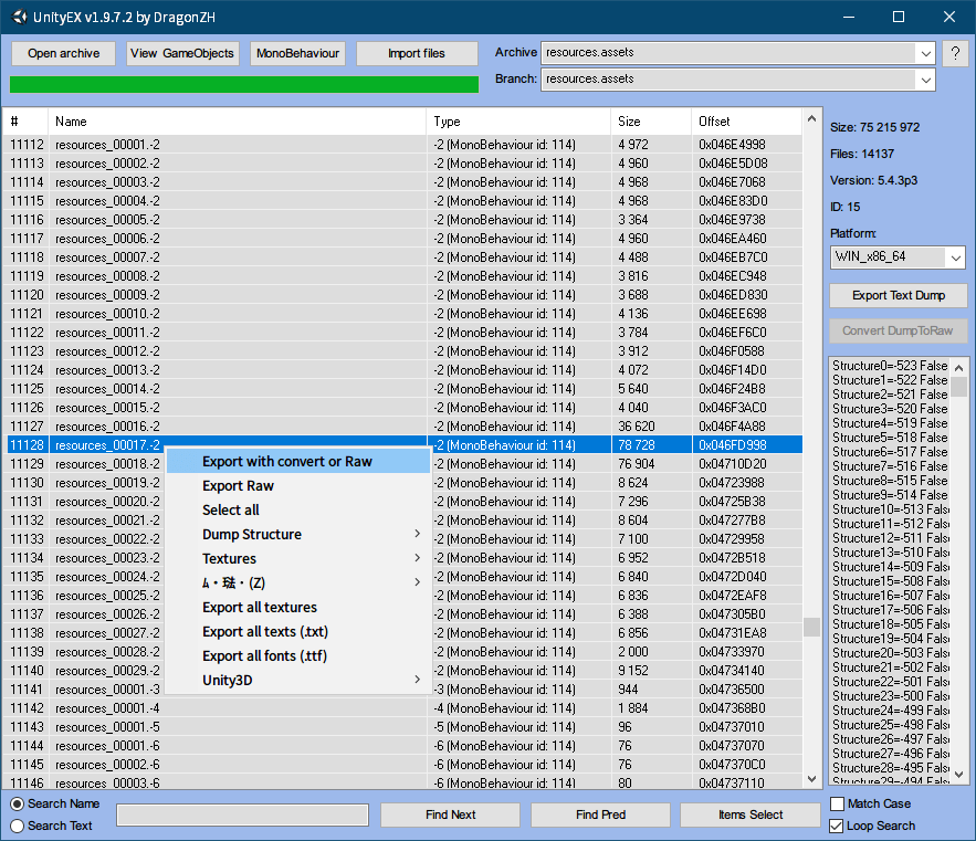 PC ゲーム Syberia 3 で日本語を表示する方法、PC ゲーム Syberia 3 中国語（繁体字）フォント解析、UnityEX で Syberia3_Data フォルダにある resources.assets ファイルを開き、# 11128 の resources_00017.-2 を右クリックから Export with convert or Raw をクリック、Syberia3_Data\Unity_Assets_Files\resources フォルダに resources_00017.-2 ファイルをエクスポート