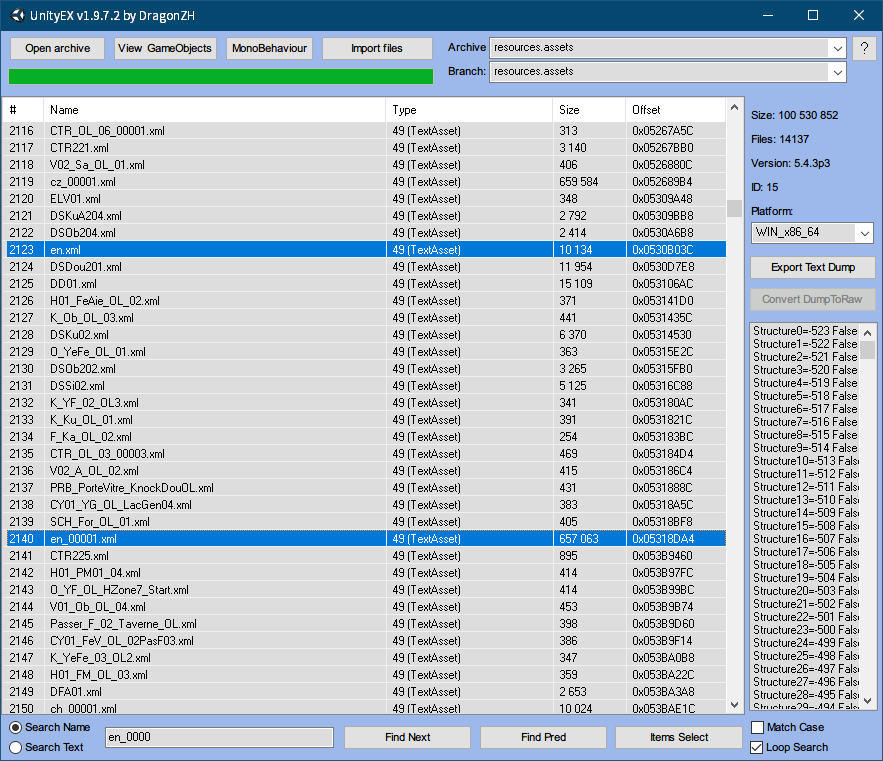 PC ゲーム Syberia 3 で日本語を表示する方法、PC ゲーム Syberia 3 言語ファイル 中国語版 → 英語版差し替え方法、ゲームインストール先 Syberia3_Data フォルダに UnityEX.exe を配置して実行、UnityEX 画面内にある Open archive から Syberia3_Data フォルダにある resources.assets ファイルを開き、en.xml と en_00001.xml ファイルをエクスポート、en.xml → ch_00001.xml に、en_00001.xml → ch.xml にリネーム（名前変更）して UnityEX から Import files をクリックしてインポート