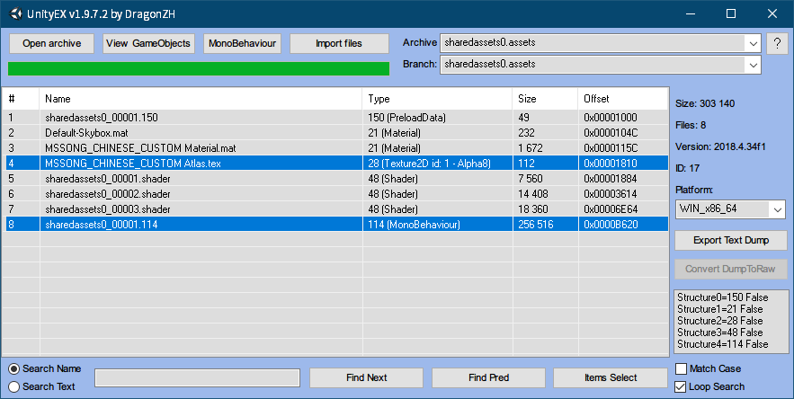 PC ゲーム Syberia 3 で日本語を表示する方法、PC ゲーム Syberia 3 用 TextMesh Pro 日本語フォント作成方法、TextMesh Pro 1.2.2 作成日本語フォント解析、Unity 2018.4.34.f1 で作成した TextMesh Pro 日本語フォントがあるプロジェクトをビルド後、sharedassets0_assets（フォント座標情報）アセットファイルを UnityEX で開く、MSSONG_CHINESE_CUSTOM Atlas.tex（フォント画像ファイル）と sharedassets0_00001.114（フォント情報ファイル）をエクスポート