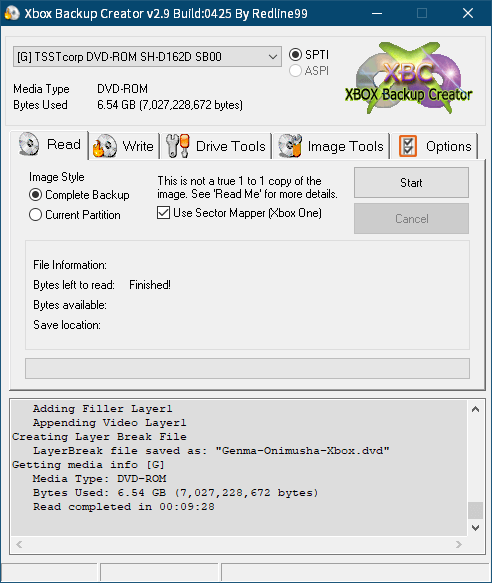 東芝サムスン製 DVD ドライブ TS-H352D の SH-D162D 化メモ、DVD ドライブ SH-D162D と Xbox Backup Creator で Xbox（初代）ディスクダンプ結果、幻魔鬼武者（Xbox） ディスクバックアップ終了後 Xbox Backup Creator 画面 Bytes Used 6.54 GB - Bytes left to read : Finished!