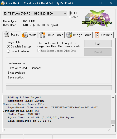 東芝サムスン製 DVD ドライブ TS-H352D の SH-D162D 化メモ、DVD ドライブ SH-D162D と Xbox Backup Creator で Xbox 360（XGD2）ディスクダンプ結果、アーマード・コア 4 プラチナコレクション（Xbox 360） ディスクバックアップ終了後 Xbox Backup Creator 画面 Bytes Used 6.81 GB - Bytes left to read : Finished!