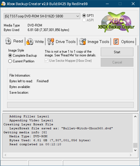 東芝サムスン製 DVD ドライブ TS-H352D の SH-D162D 化メモ、DVD ドライブ SH-D162D と Xbox Backup Creator で Xbox 360（XGD2）ディスクダンプ結果、バレットウィッチ プラチナコレクション（Xbox 360） ディスクバックアップ終了後 Xbox Backup Creator 画面 Bytes Used 6.81 GB - Bytes left to read : Finished!