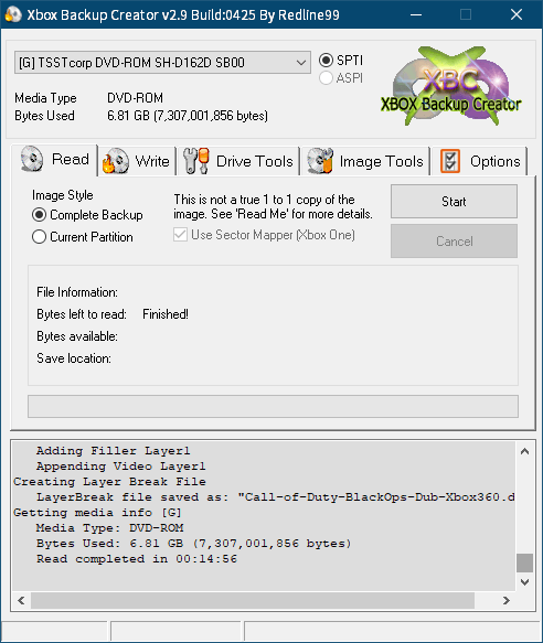 東芝サムスン製 DVD ドライブ TS-H352D の SH-D162D 化メモ、DVD ドライブ SH-D162D と Xbox Backup Creator で Xbox 360（XGD2）ディスクダンプ結果、コール オブ デューティ ブラックオプス 吹き替え版（Xbox 360） ディスクバックアップ終了後 Xbox Backup Creator 画面 Bytes Used 6.81 GB - Bytes left to read : Finished!