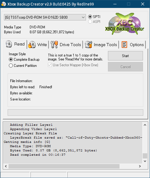 東芝サムスン製 DVD ドライブ TS-H352D の SH-D162D 化メモ、DVD ドライブ SH-D162D と Xbox Backup Creator で Xbox 360（XGD3）ディスクダンプ結果、コール オブ デューティ ゴースト 吹き替え版（Xbox 360） ディスク 1 バックアップ終了後 Xbox Backup Creator 画面 Bytes Used 8.07 GB - Bytes left to read : Finished!