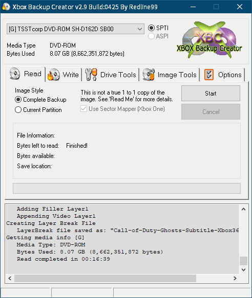 東芝サムスン製 DVD ドライブ TS-H352D の SH-D162D 化メモ、DVD ドライブ SH-D162D と Xbox Backup Creator で Xbox 360（XGD3）ディスクダンプ結果、コール オブ デューティ ゴースト 吹き替え版（Xbox 360） ディスク 2 バックアップ終了後 Xbox Backup Creator 画面 Bytes Used 8.07 GB - Bytes left to read : Finished!