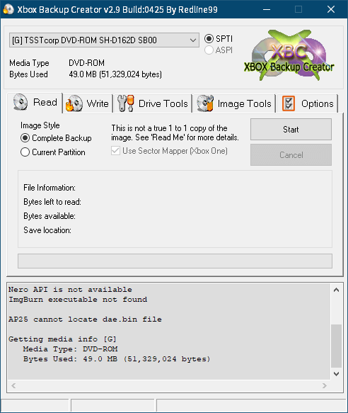 東芝サムスン製 DVD ドライブ TS-H352D の SH-D162D 化メモ、DVD ドライブ SH-D162D と Xbox Backup Creator で Xbox 360（XGD3）ディスクダンプ結果、コール オブ デューティ ゴースト 字幕版（Xbox 360） ディスク 1 読み込み直後の Xbox Backup Creator 画面 Bytes Used 49.0 MB