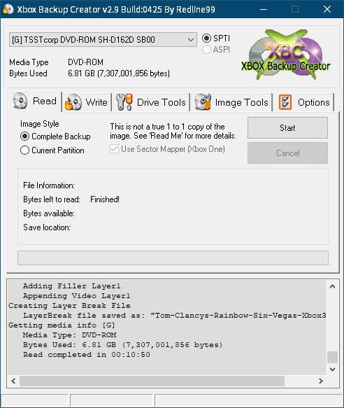 東芝サムスン製 DVD ドライブ TS-H352D の SH-D162D 化メモ、DVD ドライブ SH-D162D と Xbox Backup Creator で Xbox 360（XGD2）ディスクダンプ結果、レインボーシックス ベガス プラチナコレクション（Xbox 360） ディスクバックアップ終了後 Xbox Backup Creator 画面 Bytes Used 6.81 GB - Bytes left to read : Finished!