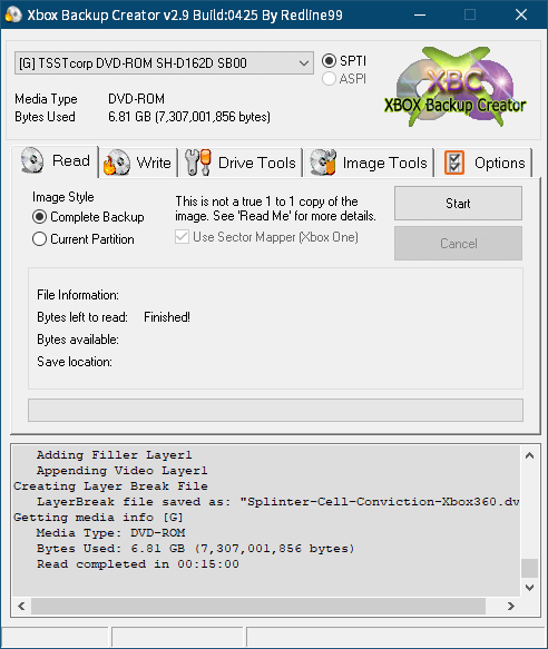 東芝サムスン製 DVD ドライブ TS-H352D の SH-D162D 化メモ、DVD ドライブ SH-D162D と Xbox Backup Creator で Xbox 360（XGD2）ディスクダンプ結果、Xbox 360 スプリンターセル コンヴィクション（Xbox 360） ディスクバックアップ終了後 Xbox Backup Creator 画面 Bytes Used 6.81 GB - Bytes left to read : Finished!