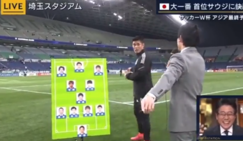 Eiji Kawashima messes with Atsuto Uchida while he tries to do a game recap on TV Asahis broadcast
